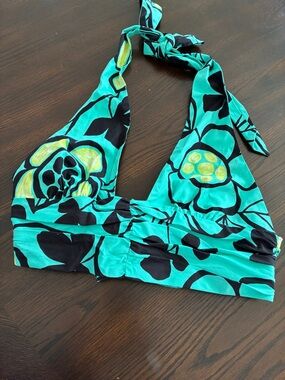 Zara Teal Floral Halter Crop Top with Black Accents